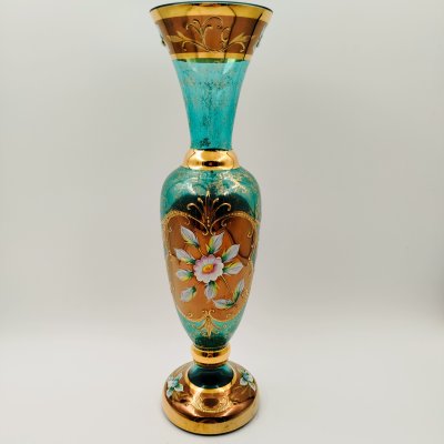 купить Ваза бирюзового оттенка с налепами в виде цветов, стекло, золочение, налепы, Чехословакия, 1980-1990 гг.