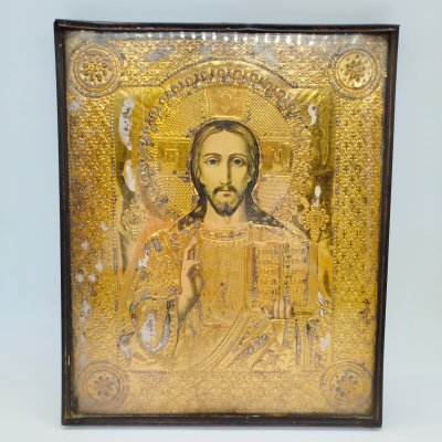 купить Икона "Господь Вседержитель" в застекленной раме, дерево, бумага, печать (литография), металл, стекло, Российская империя, 1900-1915 гг.