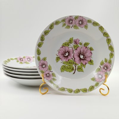 купить Набор из шести суповых тарелок с цветочным декором в розово-зеленой гамме, фарфор, печать, Epiag Royal Czechoslovakia, Чехословакия, 1970-1990 гг.