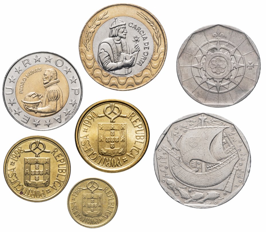 Сан деньги. Набор монет Португалии 200 эскудо 1993 года. Португальские монеты. Набор португальских монет. Монеты Португалии до евро.