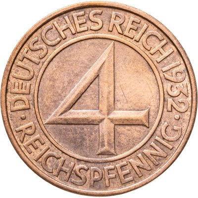 купить Германия 4 рейхспфеннига (reichspfennig) 1932 знак монетного двора "F" — Штутгарт