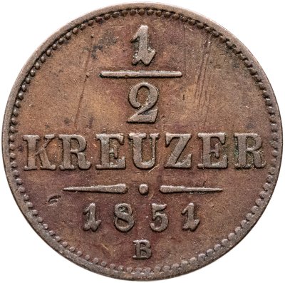 купить Австрия 1/2 крейцера (kreuzer) 1851, знак монетного двора "B" - Кремница