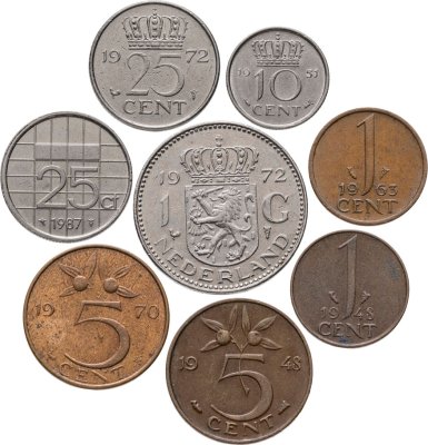 купить Нидерланды набор из 8 монет 1, 5, 10, 25 центов и 1 гульден 1948-1987