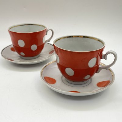 купить Набор из 2 чайных пар в оранжевый горошек, фарфор, крытье, золочение, Барановский фарфоровый завод, СССР, 1970-1990 гг.