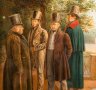 Купить Акварель по мотивам картины Г.Г. Чернецова "А. С. Пушкин, Н. И. Гнедич, В. А. Жуковский, И. А. Крылов" (этюд к картине "Парад на Марсовом Поле"), бумага, акварель, паспарту, стекло, Российская империя, 1830-1860 гг.