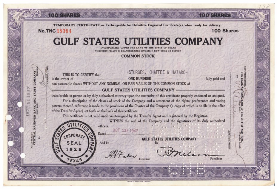 купить Акция США GULF STATES UTILITIES COMPANY 1947- 1948 гг.