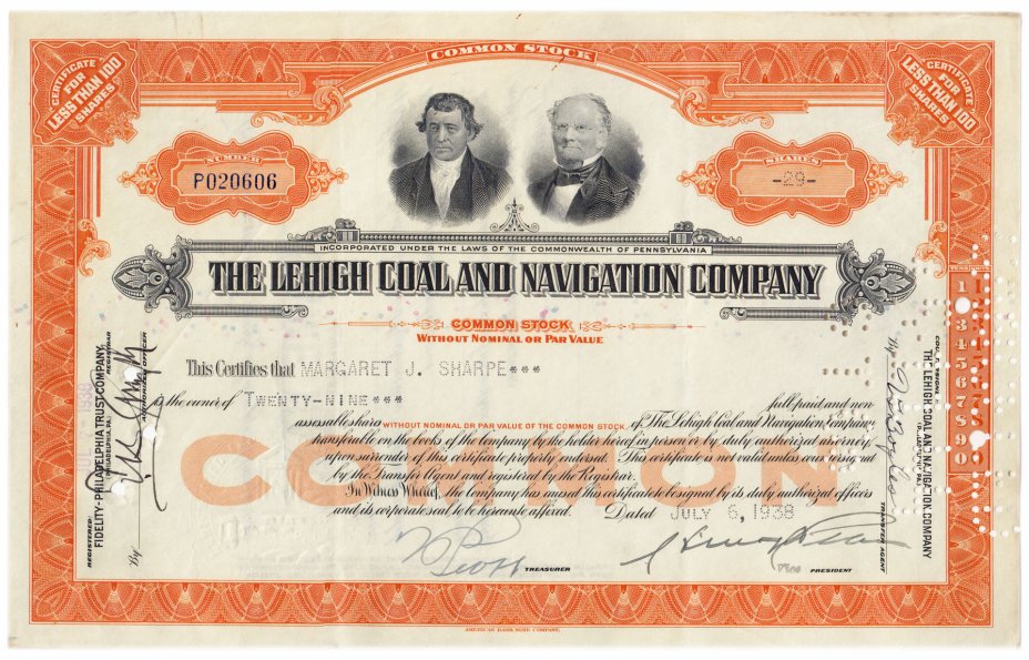 купить Акция США THE LEHIGH COAL AND NAVIGATION COMPANY 1938 г.