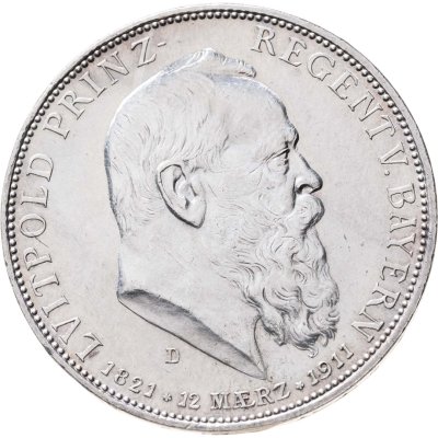 купить Германская империя, Бавария 5 марок 1911 "90 лет со дня рождения Луитпольда Баварского"