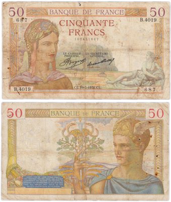 купить Франция 50 франков 1934-1937 (Церера, Меркурий) Pick 81