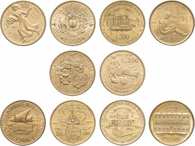 купить Италия полный набор юбилейных монет 200 лир 1980-1999 (10 шт)