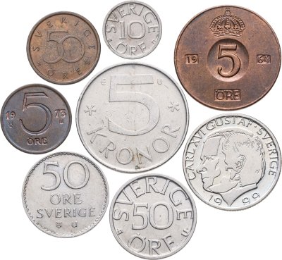 купить Швеция набор из 8 монет 5, 10, 50 эре (ore) , 1, 5 крон 1964-2008