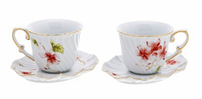 Купить Набор чайных пар необычной формы с цветочным декором, на две персоны, фарфор, печать, золочение, "Ansin", Китай, 2000-2020 гг.