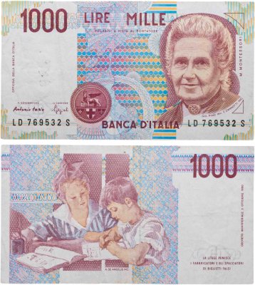 купить Италия 1000 Лир 1990 "Мария Монтессори. Школа Монтессори"(Pick 114с)