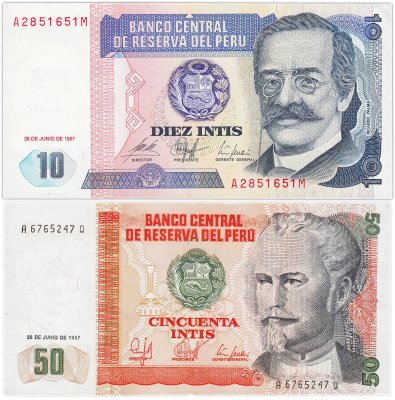 купить Перу набор из 2 банкнот 10 и 50 инти 1987