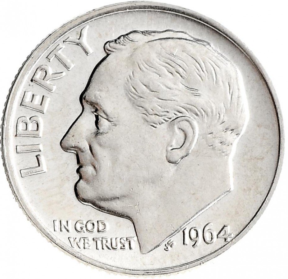 купить 10 центов (дайм) 1964 Рузвельт, из ролла, серебро 900 пробы