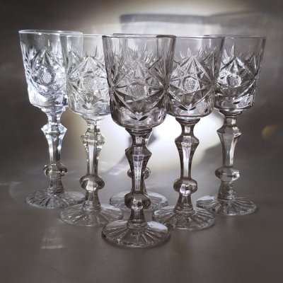 купить Набор из 6-ти бокалов/фужеров с резным декором, хрусталь, алмазная грань, СССР, 1970-1990 гг.