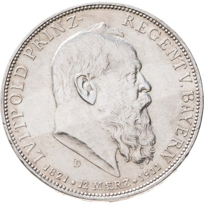 купить Германская империя, Бавария 5 марок 1911 "90 лет со дня рождения Луитпольда Баварского"