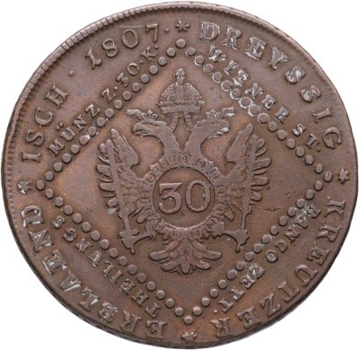 купить Австрия 30 крейцеров (kreuzer) 1807, знак монетного двора "S" - Смолник