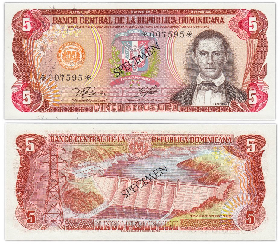 купить Доминиканская республика образец (specimen) 5 песо 1977-1978 (Pick CS1)