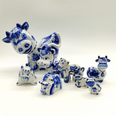 купить Набор из восьми статуэток "Быки", Гжель, фарфор, роспись, Россия, 1990-2015 гг.