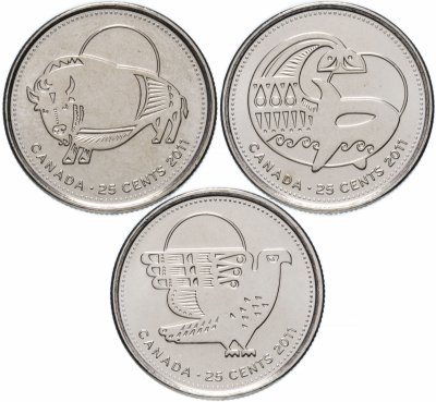 купить Канада набор 25 центов 2011 "Кит, Сапсан, Бизон" (3 штуки)