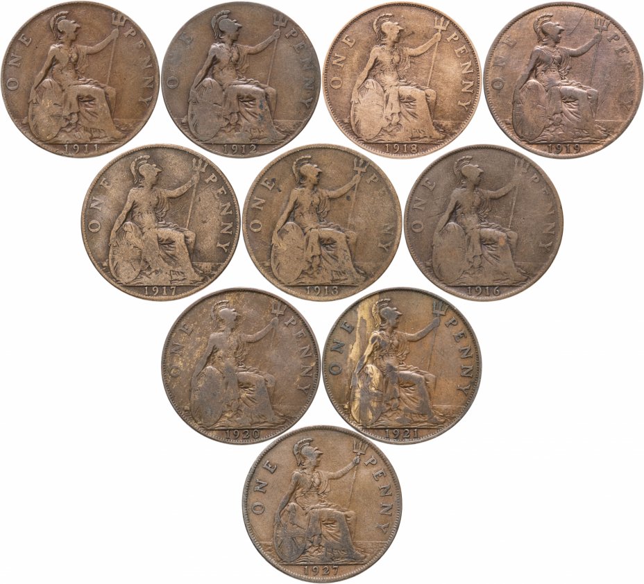 купить Набор из 10 монет 1 пенни 1911-1927