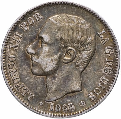 купить Испания 5 песет (pesetas) 1885 18 и 87 внутри звёзд; отметка монетного двора: "MP M" - M.Morejon, F.M.Peiro
