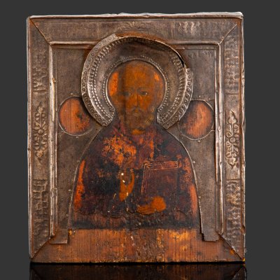 купить Икона в окладе "Святой Николай Чудотворец", дерево, темпера, металл, Российская империя, 1870-1890 гг.