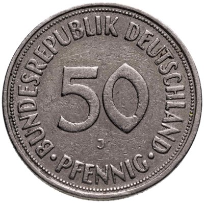 Купить Германия 50 пфеннигов (pfennig) 1950 J знак монетного двора: "J" - Гамбург