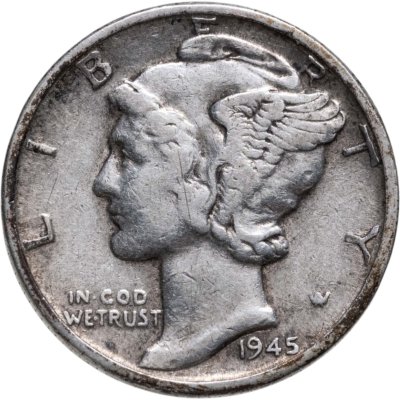 Купить США 10 центов (дайм) 1945 "Mercury Dime" без обозначения монетного двора