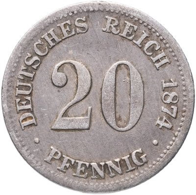 купить Германия 20 пфеннигов (pfennig) 1874, знак монетного двора: "F" - Штутгарт