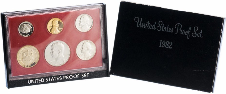 купить США годовой набор монет 1982 года Proof (5 монет в футляре + жетон)