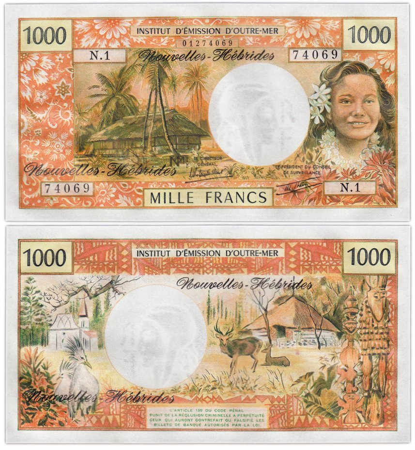 купить Новые Гебриды 1000 франков 1970-1980 (Pick 20c) подпись Billecart & Theron