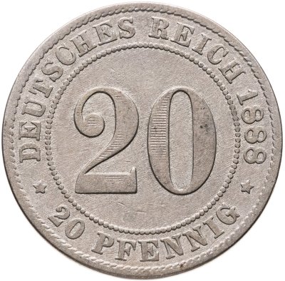 купить Германия 20 пфеннигов (pfennig) 1888, Знак монетного двора: "J" - Гамбург