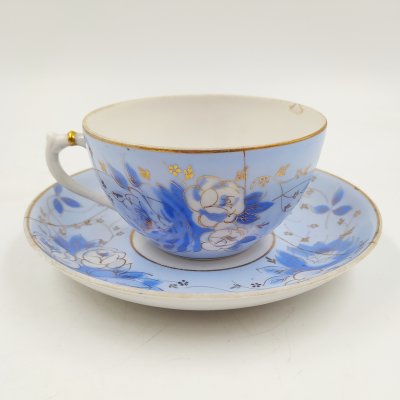 купить Пара чайная "Голубой пион", форма "Киевская", фарфор, крытье, роспись, золочение, Дулевский фарфоровый завод (Дулёво), СССР, 1957 г.