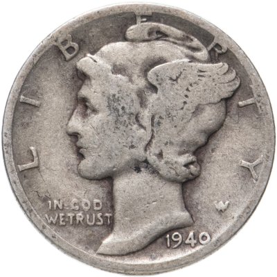 купить США 10 центов (дайм, one dime) 1940 Mercury Dime (дайм «Меркурий») знак монетного двора - D