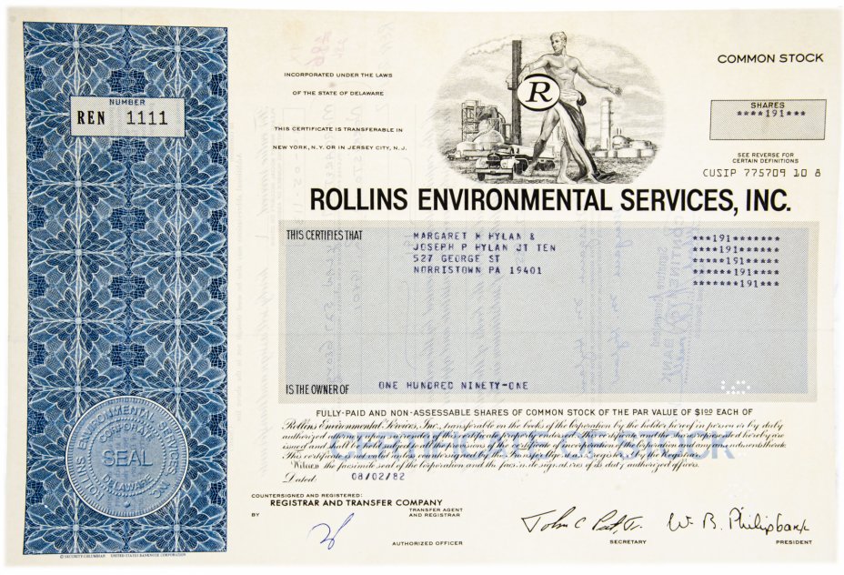 купить Акция США ROLLINS ENVIRONMENTAL SERVICES, INC.,1982-1992 гг.