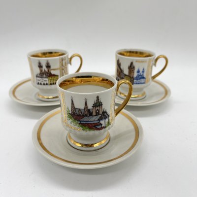 купить Набор из 3 кофейных пар с расписным изображением достопримечательностей Праги, фарфор, роспись, золочение, Чехия, 1990-2000 гг.