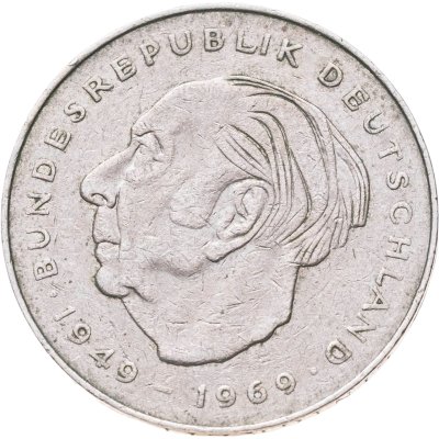 купить Германия 2 марки 1978 "Теодор Хойс, 20 лет Федеративной Республике (1949-1969)", знак монетного двора: "J" - Гамбург