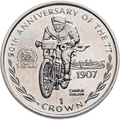 купить Остров Мэн 1 крона (crown) 1997 "90 лет Мотогонкам "Tourist Trophy" - Чарли Коллиер"