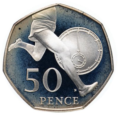 купить Великобритания 50 пенсов (pence) 2004 года "50 лет рекорду в беге - миля менее чем за 4 минуты /Серебряный пьедфорт/"