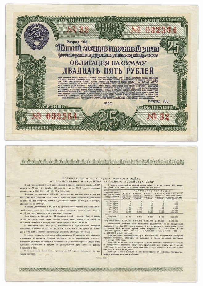 Банкнота купюра облигация. 1950 Рублей.
