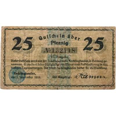 купить Германия, нотгельды, Реклингхаузен 25 пфеннигов 1919