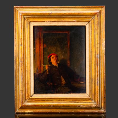 купить Картина "Курильщик", (по работе Адриана ван Остаде (1610-1685)), копиист Альфред Брайант Коупленд (1840-1909), дерево, масло, Западная Европа, 1870 г.