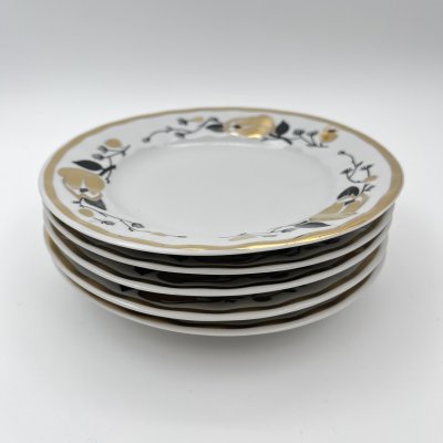 купить Набор из 5-ти десертных тарелок "Золотая роза", фарфор, деколь, золочение, Дмитровский фарфоровый завод (ДФЗ Вербилки), СССР, 1965-1991 гг.