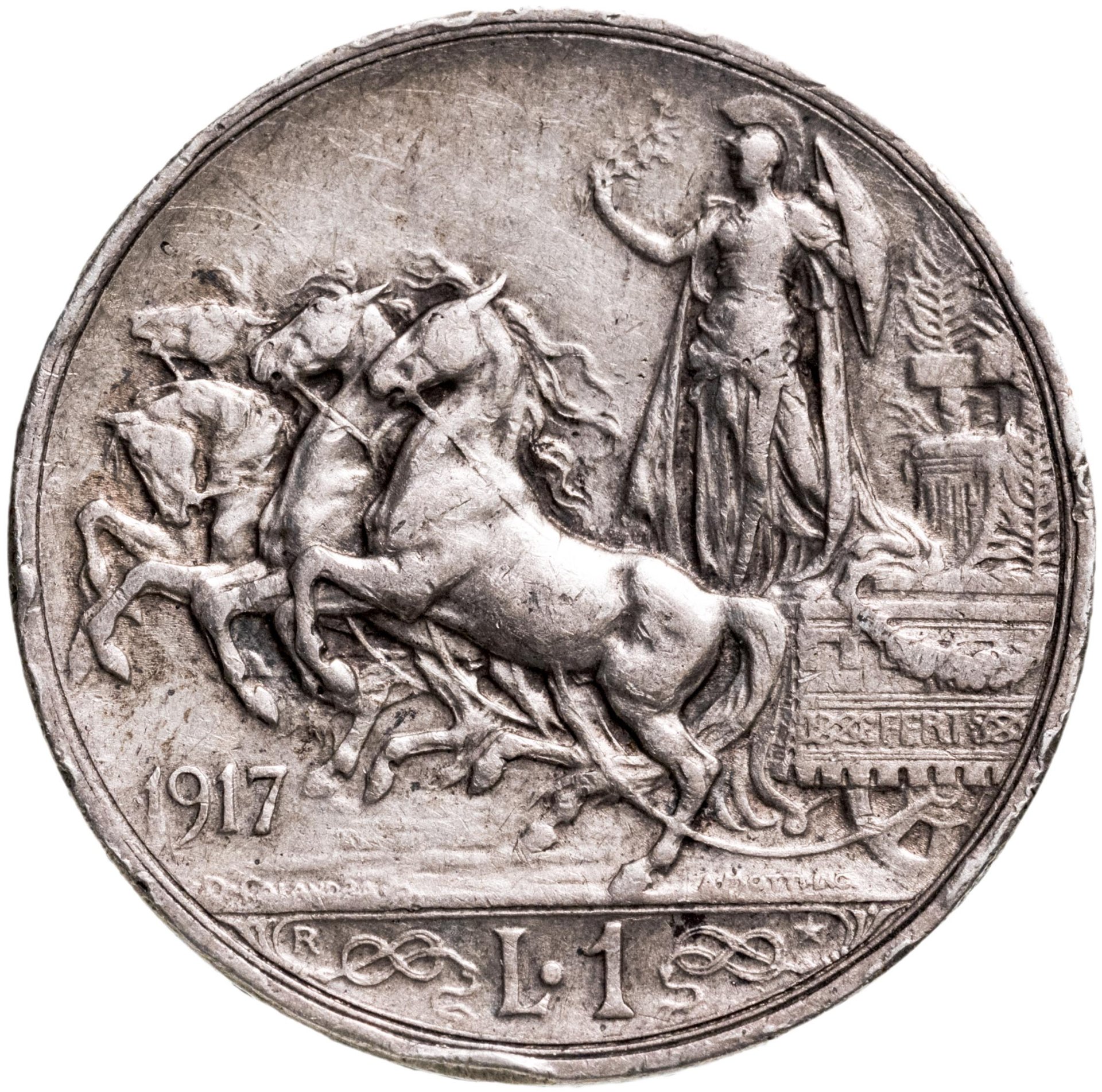 Монета Италия 1 лира 1917 стоимостью 2500 руб.
