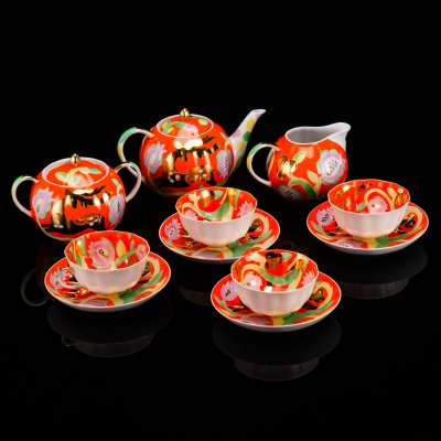 купить Сервиз чайный "Золотой олень" на 4 персоны (11 предметов), автор росписи П.В. Леонов, фарфор, крытье, роспись, золочение, Дулевский фарфоровый завод (Дулёво), СССР, 1968-1991 гг.