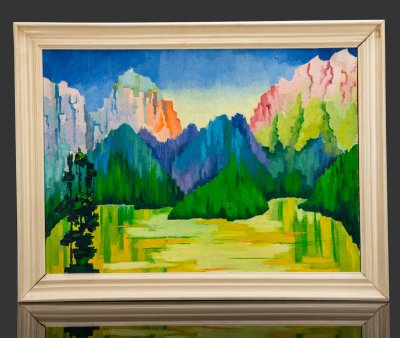купить Картина "Кавказская Рица", оформленная в раму, художник Ю.М. Бондаренко (1956 г.р.), дерево, картон, масло, СССР, 1985 г.
