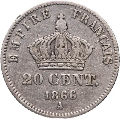 купить Франция 20 сантимов (centimes) 1866 A знак монетного двора: "A" - Париж