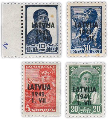 купить Германия, Третий Рейх, оккупация Латвии набор из 4 марок 1941 - надпечатки на марках СССР